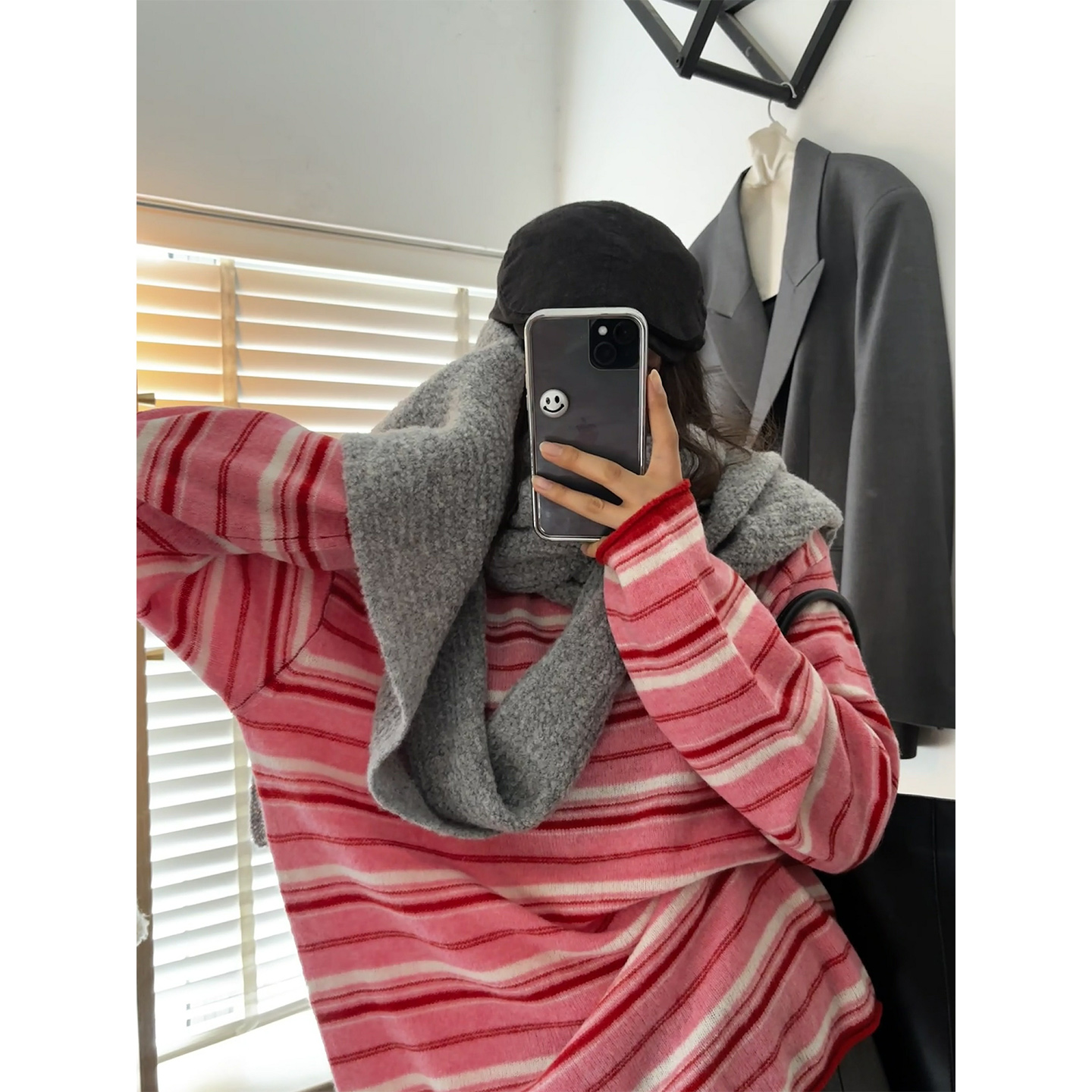 鬼鬼家正品东大门秋冬 100美利奴羊毛撞色条纹圆领套头针织毛衣女