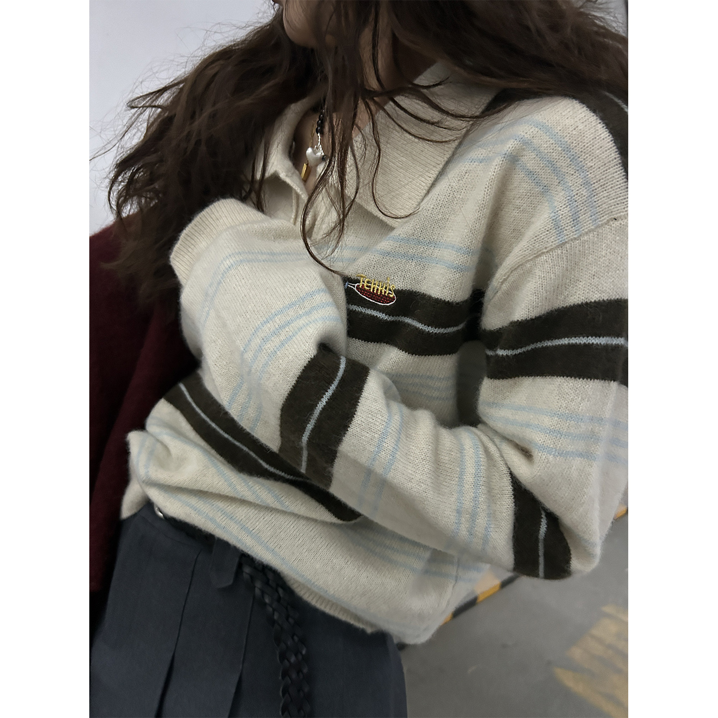 鬼鬼家正品韩代东大门 学院feel撞色条纹精致翻领羊毛衫针织毛衣