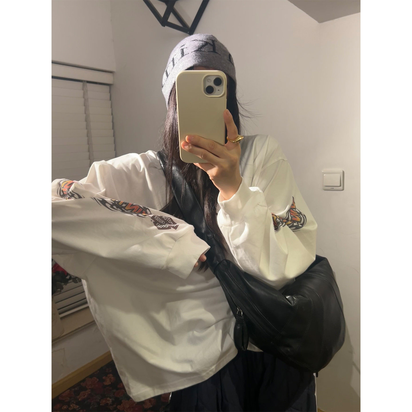 鬼鬼家正品韩代东大门 美式复古后背摩托车字母印花长袖套头T恤