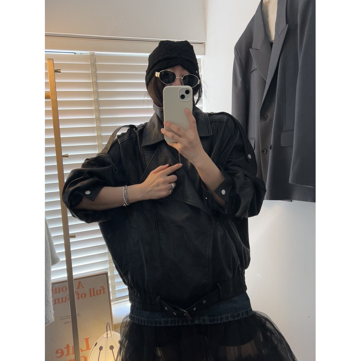 鬼鬼家正品韩代东大门 酷飒pu双领子纹理感机车保暖复古皮衣外套