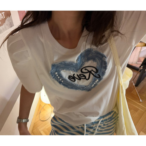 鬼鬼家正品韩代东大门 清新减龄立体牛仔爱心字母刺绣圆领短袖T恤