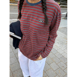 宽松套头T恤 休闲舒适撞色条纹圆领长袖 鬼鬼家正品 韩代东大门秋冬