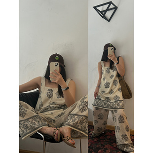 鬼鬼家韩代东大门夏 老钱感民族风印花吊带连衣裙休闲长裤