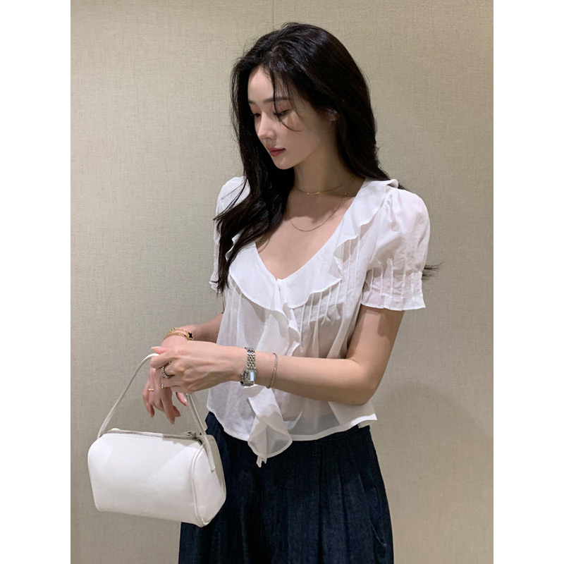鬼鬼家正品韩代东大门 25甜美温柔风压褶荷叶边短袖衬衫气质上衣