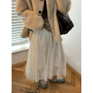 少量现货韩代东大门春 温柔A字松紧腰显瘦重工蕾丝半身裙长裙女