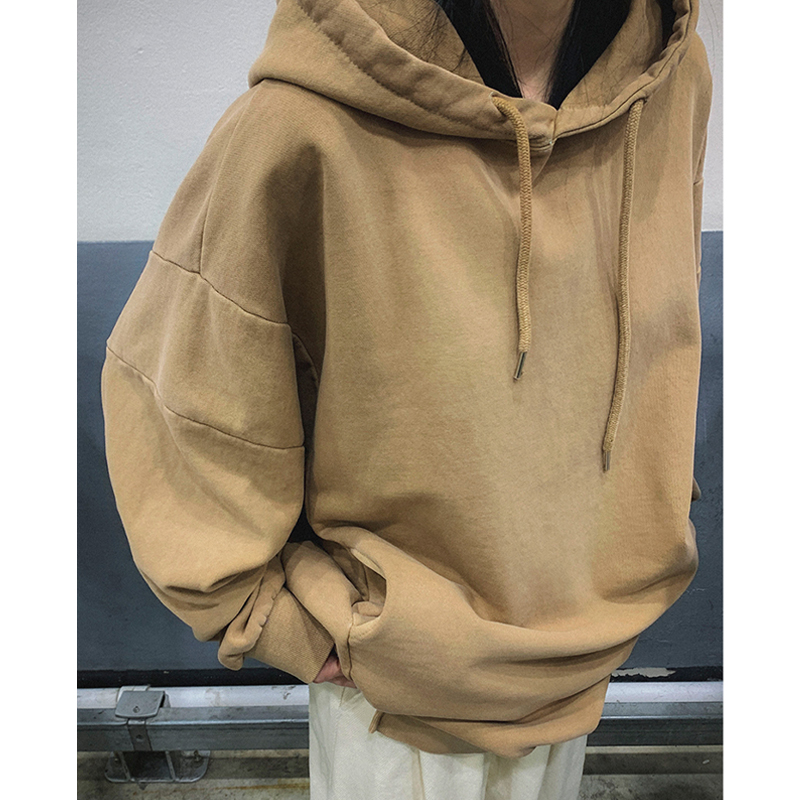 鬼鬼家正品韩代东大门 25春纯色基础款剪裁拼接抽绳宽松连帽卫衣