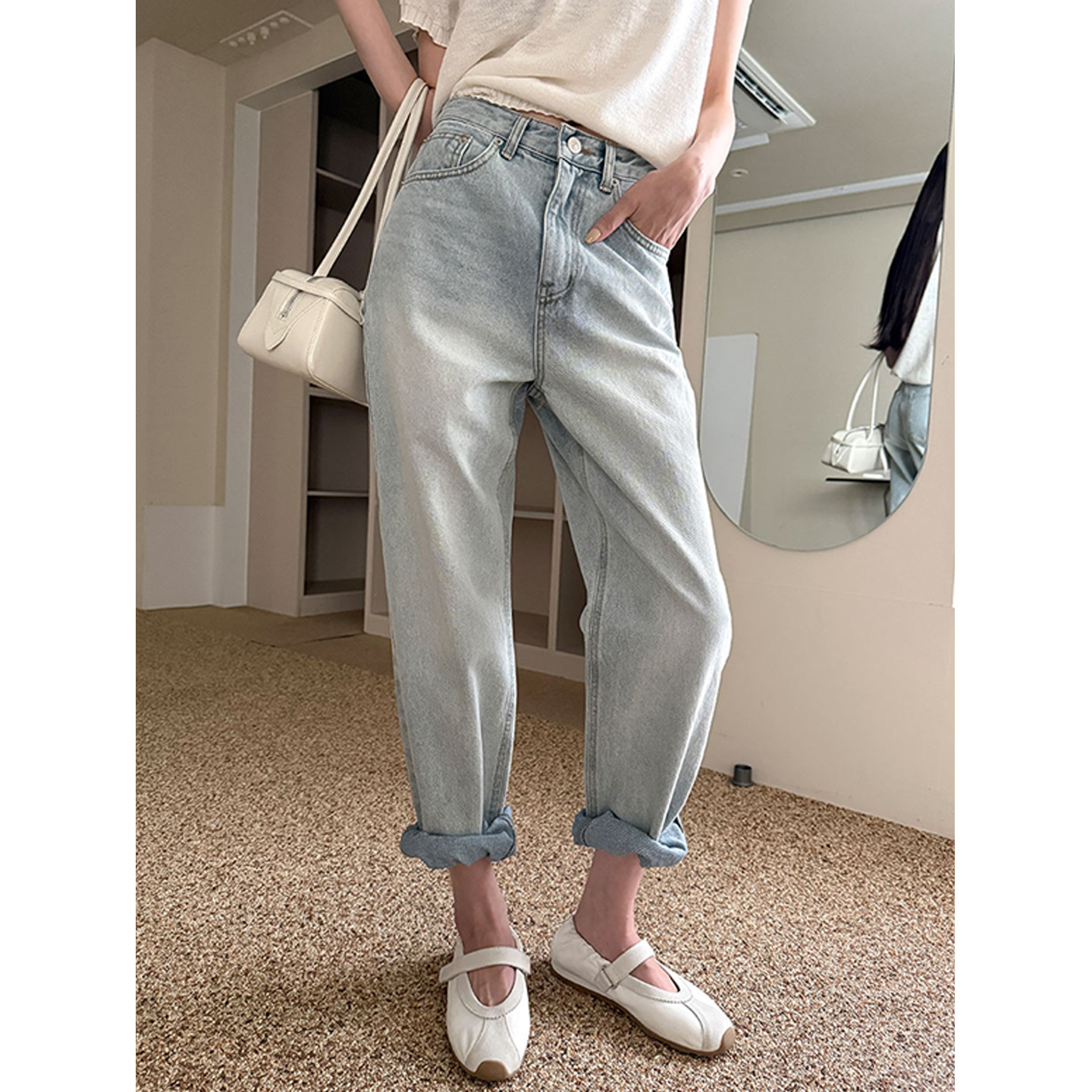 少量现货正品韩代东大门25夏做旧磨白简约舒适百搭纯色水洗牛仔裤