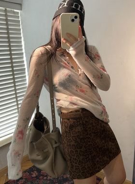 鬼鬼家韩代东大门 甜美风碎花纽扣半开领薄款长袖羊毛针织衫