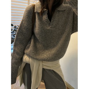 少量现货 正品韩代东大门 奶黄色很温油翻领立领菠萝汁针织毛衣