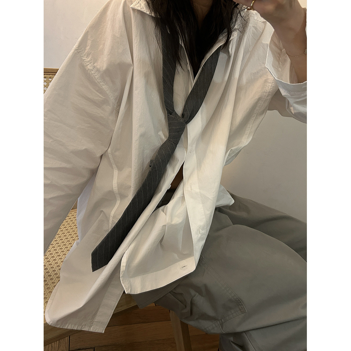 鬼鬼家正品韩代东大门春 复古风手打领带高智感灰色条纹系脖配饰