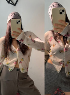 鬼鬼家韩代东大门秋 甜美风晕染碎花羊毛单排扣薄款针织开衫