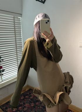鬼鬼家韩代东大门 甜美咸菜色叠穿木耳花边吊带连衣裙吊带裙
