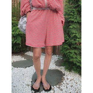 鬼鬼家正品 女 韩代东大门 25夏甜美少女宽松减龄条纹高腰休闲短裤