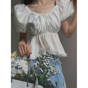 鬼鬼家正品 韩代东大门夏girl甜美温柔泡泡袖 系带收腰显瘦纯色衬衫