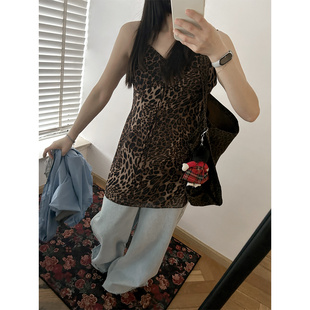 少量现货 韩代东大门夏 复古豹纹印花吊带连衣裙收腰气质A字裙女