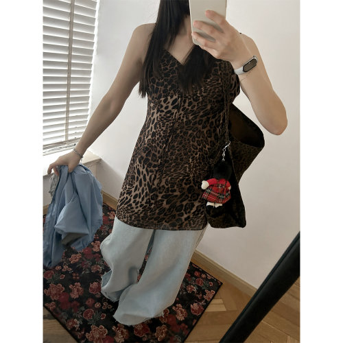 少量现货 韩代东大门夏 复古豹纹印花吊带连衣裙收腰气质A字裙女