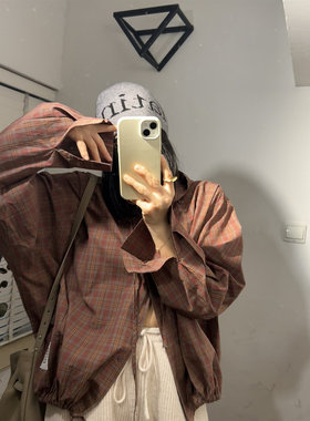 鬼鬼家韩代东大门秋冬 格纹拼色下摆抽绳连帽单排扣长袖衬衫