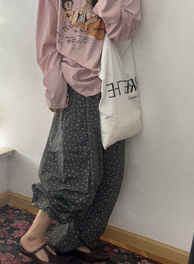 鬼鬼家 韩代东大门夏设计感小碎花松紧腰抽绳大口袋休闲长裤