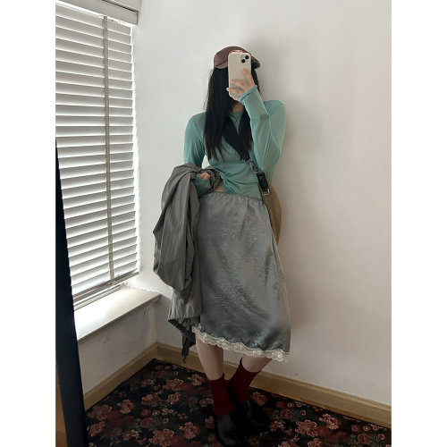 鬼鬼家正品韩代东大门夏 醋酸缎面蕾丝花边拼接松紧腰垂感半身裙