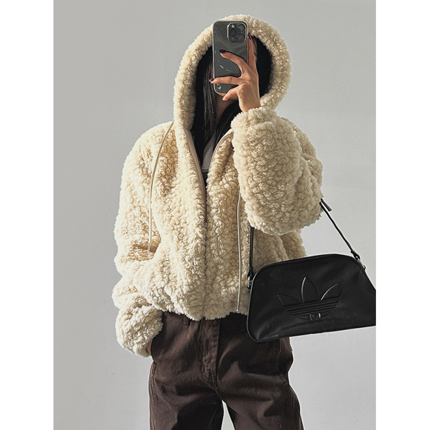 鬼鬼家正品韩代东大门冬 girl下摆抽绳宽松毛绒绒连帽拉链短外套