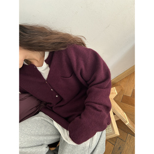 紫色单口袋羊毛混纺卷边针织衫 炒显白 韩代东大门秋冬 鬼鬼家正品