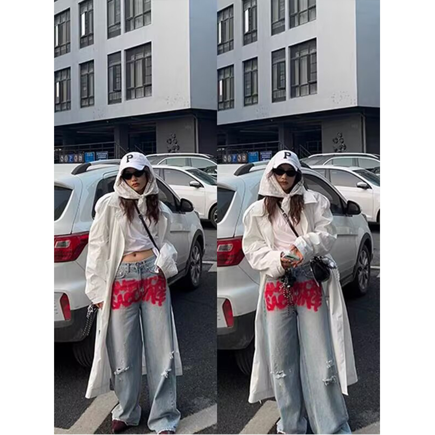 少量现货正品韩代东大门25春夏街头风涂鸦字母拉丝破洞直筒牛仔裤