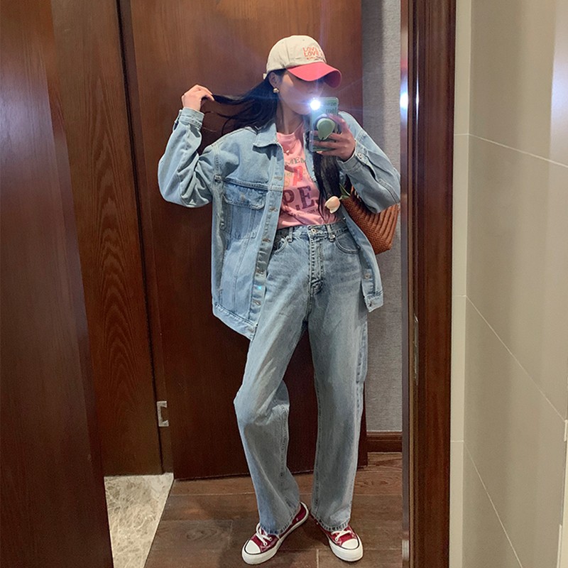 少量现货 韩国东大门正品代新款 春主播自留款外套高腰直筒牛仔裤