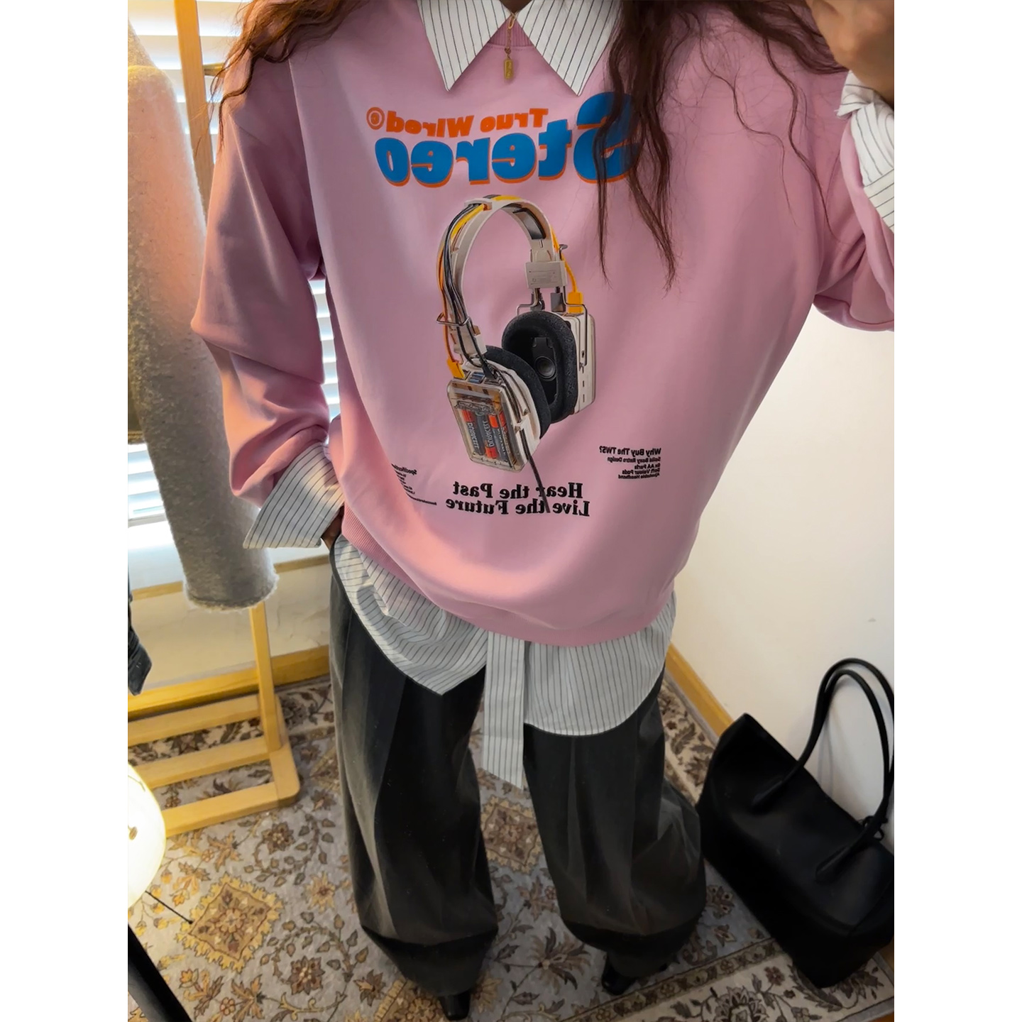 鬼鬼家正品韩代东大门秋冬 复古耳机直喷印花宽松休闲长袖卫衣女