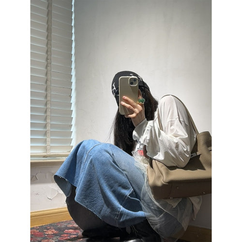 现货 正品韩代东大门秋冬 复古毛边高腰A字显瘦宽松牛仔中长裙女