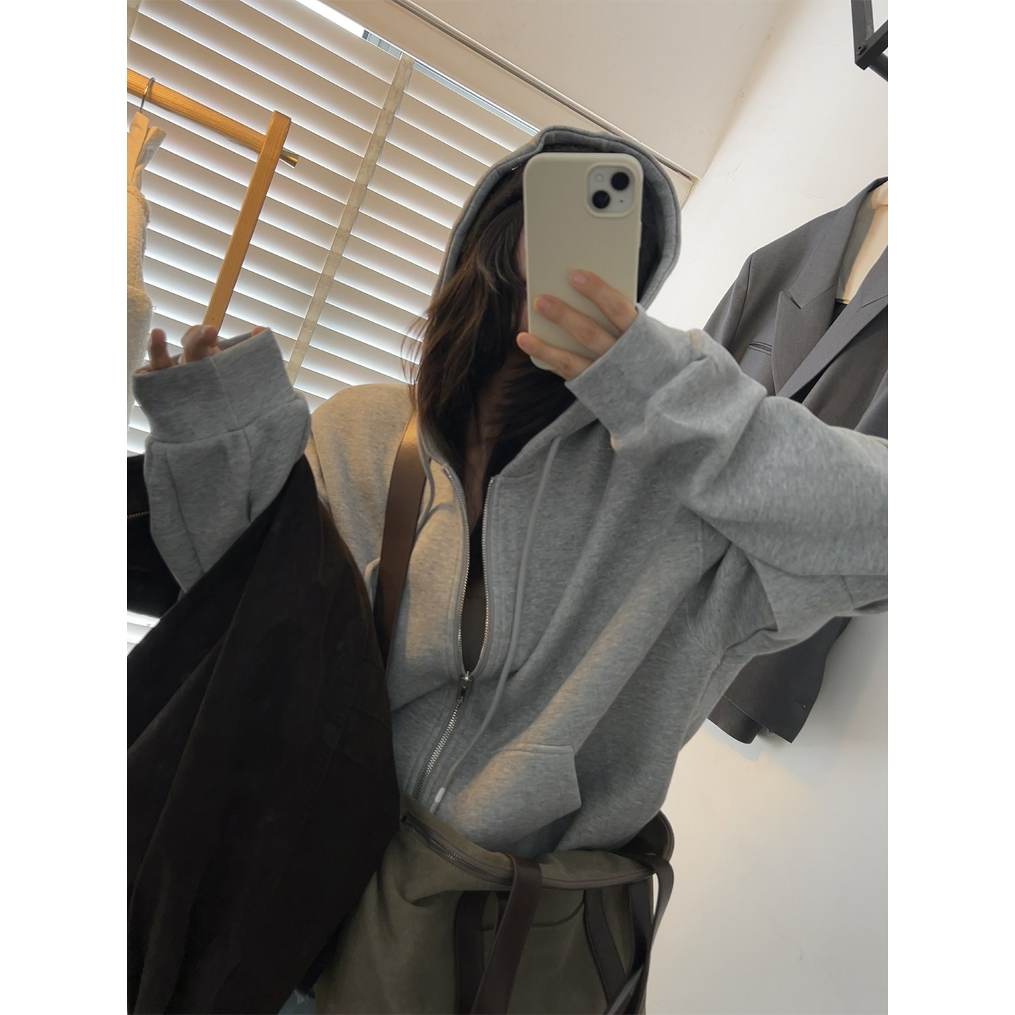 鬼鬼家正品韩代东大门秋冬 廓形纯色双拉链空气棉慵懒风连帽卫衣