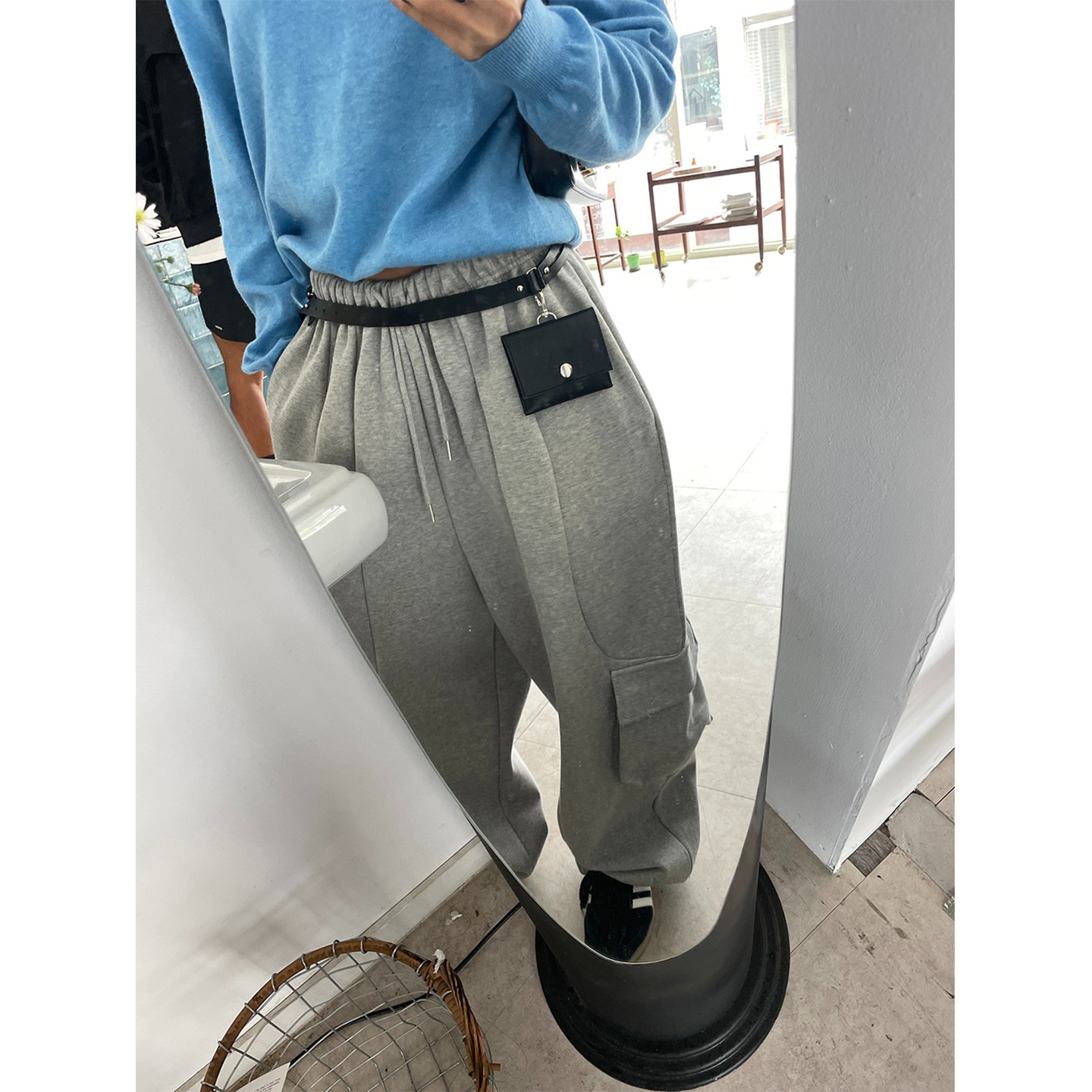 鬼鬼家正品韩代东大门秋冬 纯色阔腿侧边大口袋运动休闲长裤卫裤