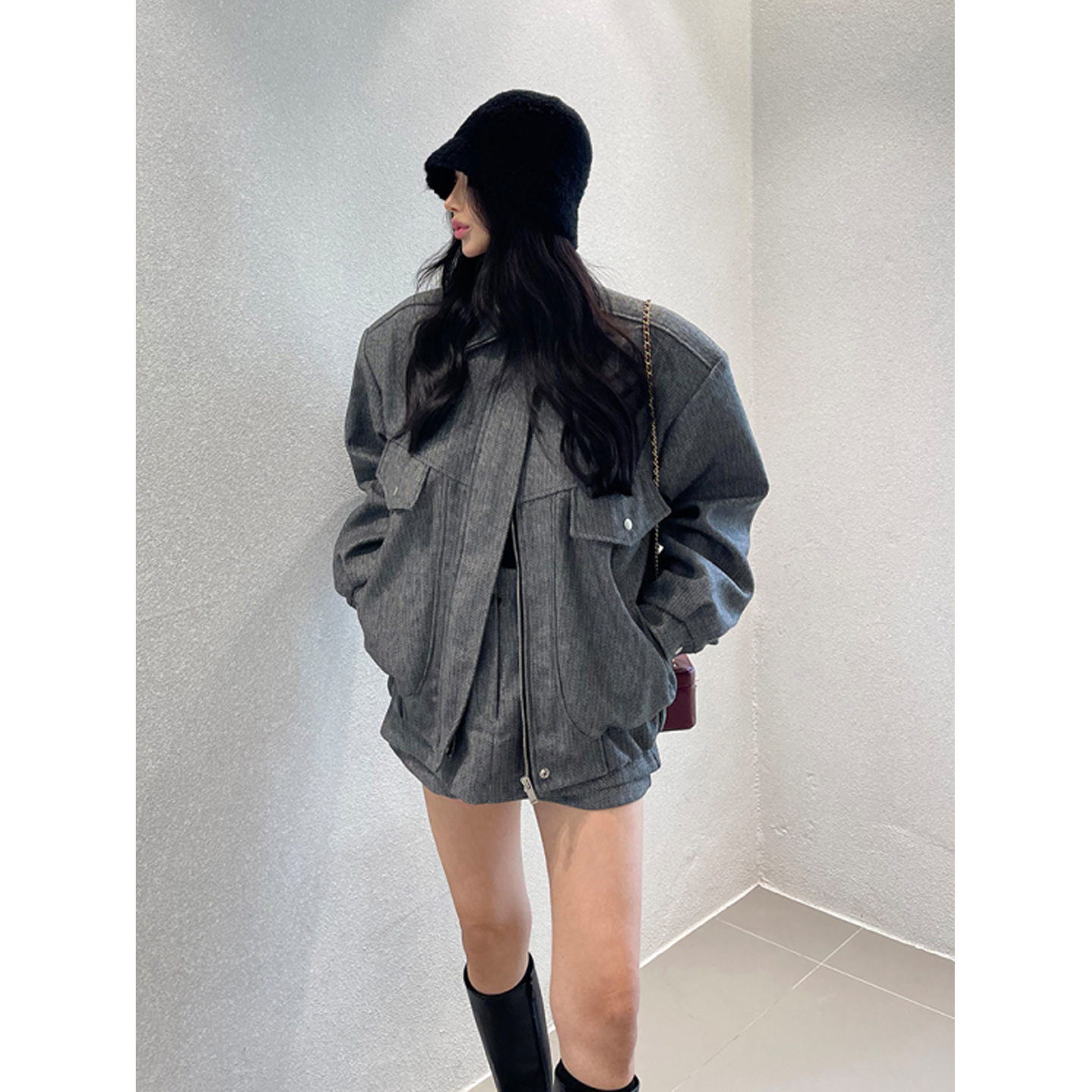 鬼鬼家正品韩代东大门冬 复古中性风夹克拉链外套休闲显腿长短裤