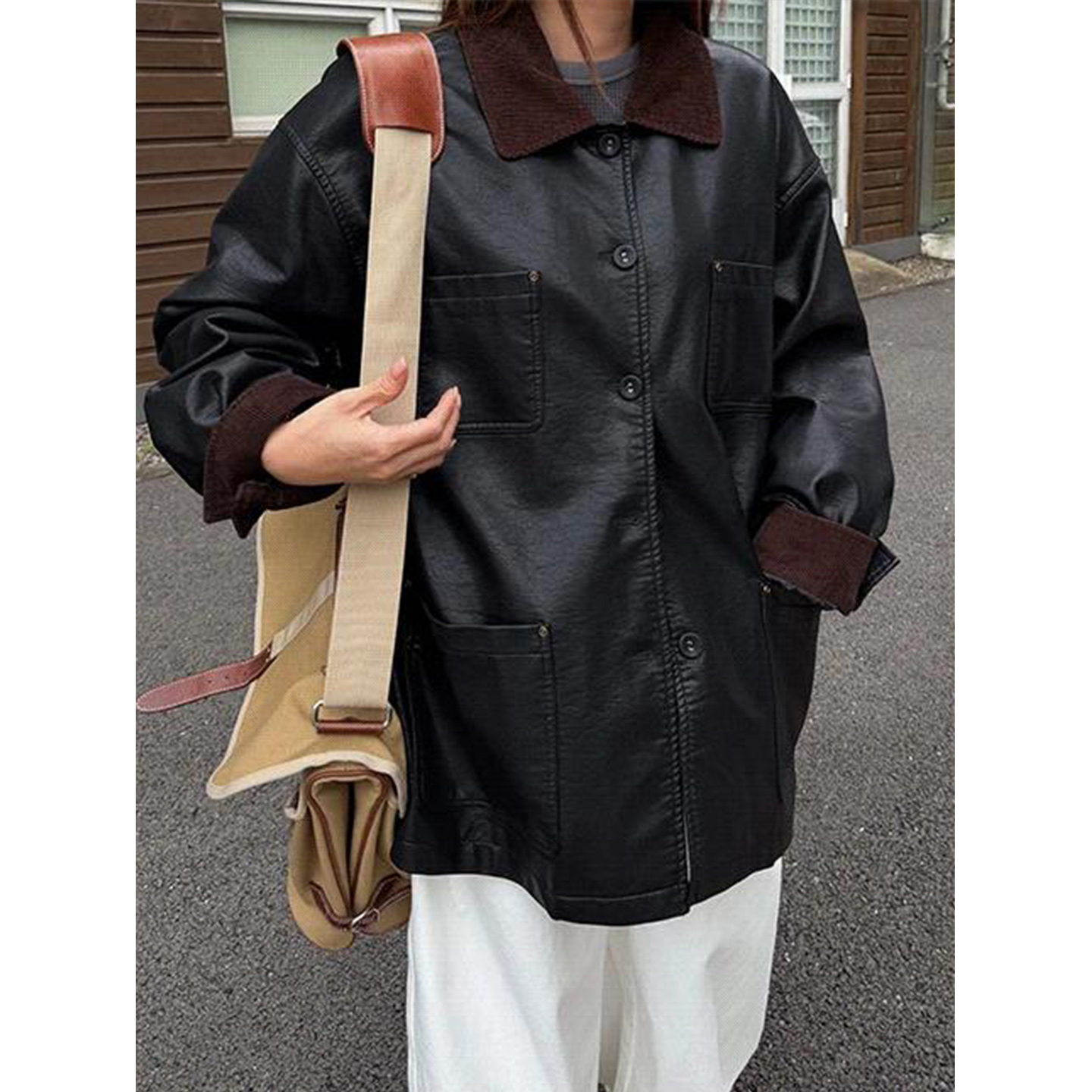 鬼鬼家正品韩代东大门秋冬 复古灯芯绒撞色翻领中长款皮夹克外套