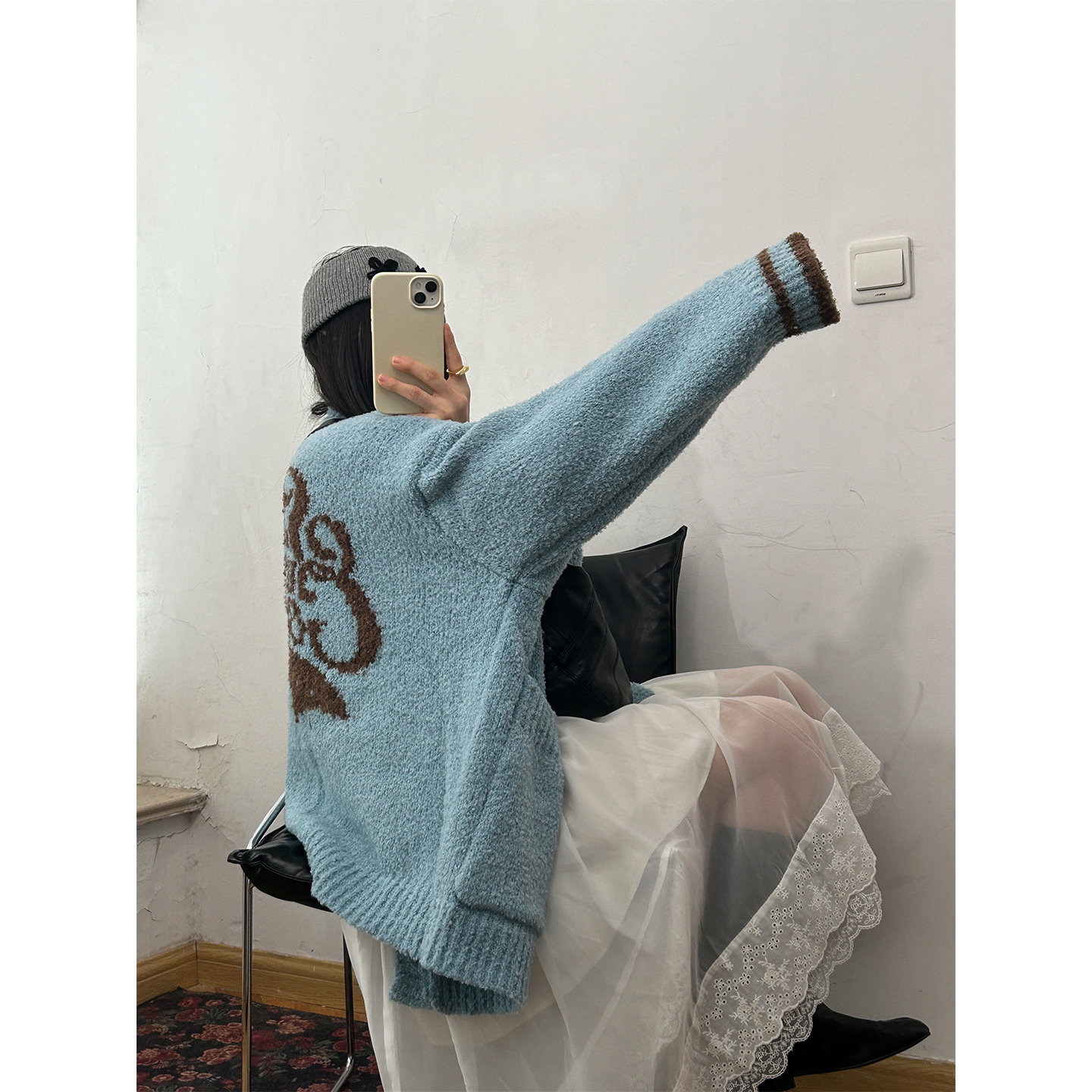 鬼鬼家正品韩代东大门 后背字母慵懒型下衣失踪针织大毛衣外套