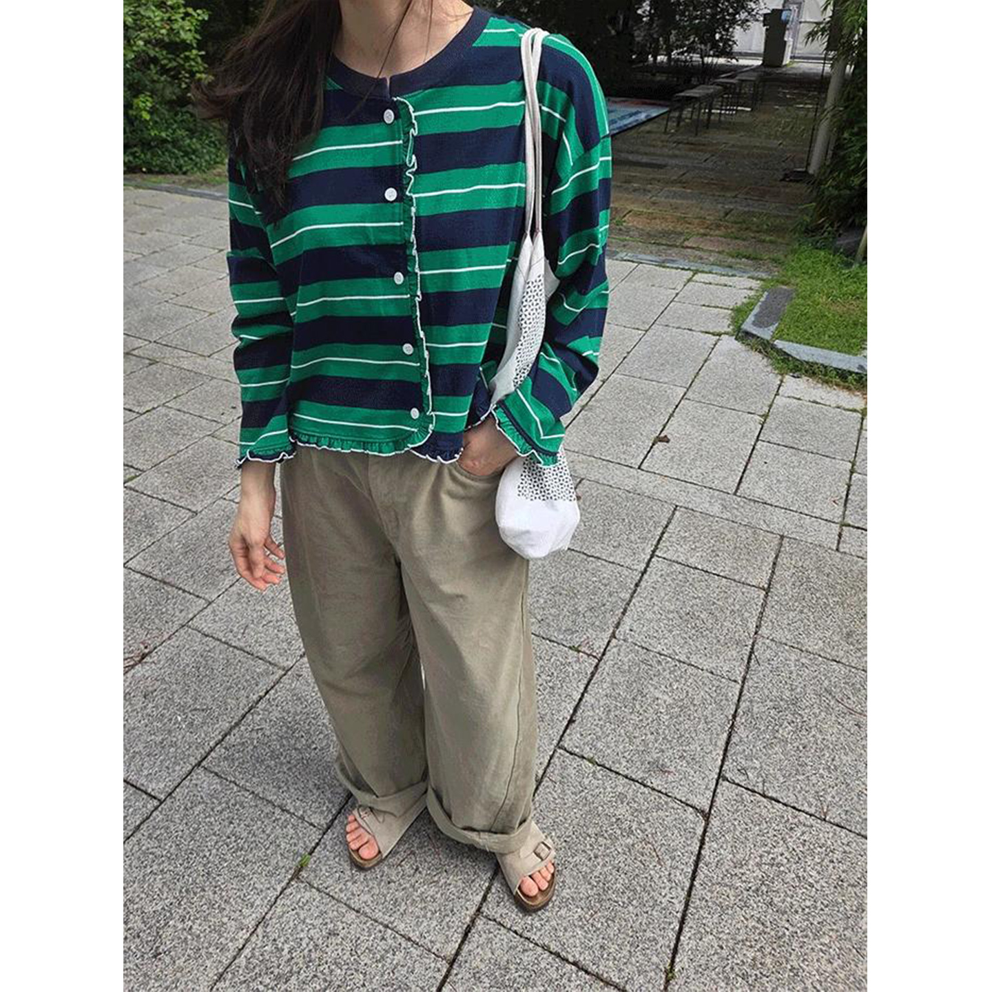 鬼鬼家正品韩代东大门秋冬 撞色条纹木耳花边圆领长袖T恤上衣外套