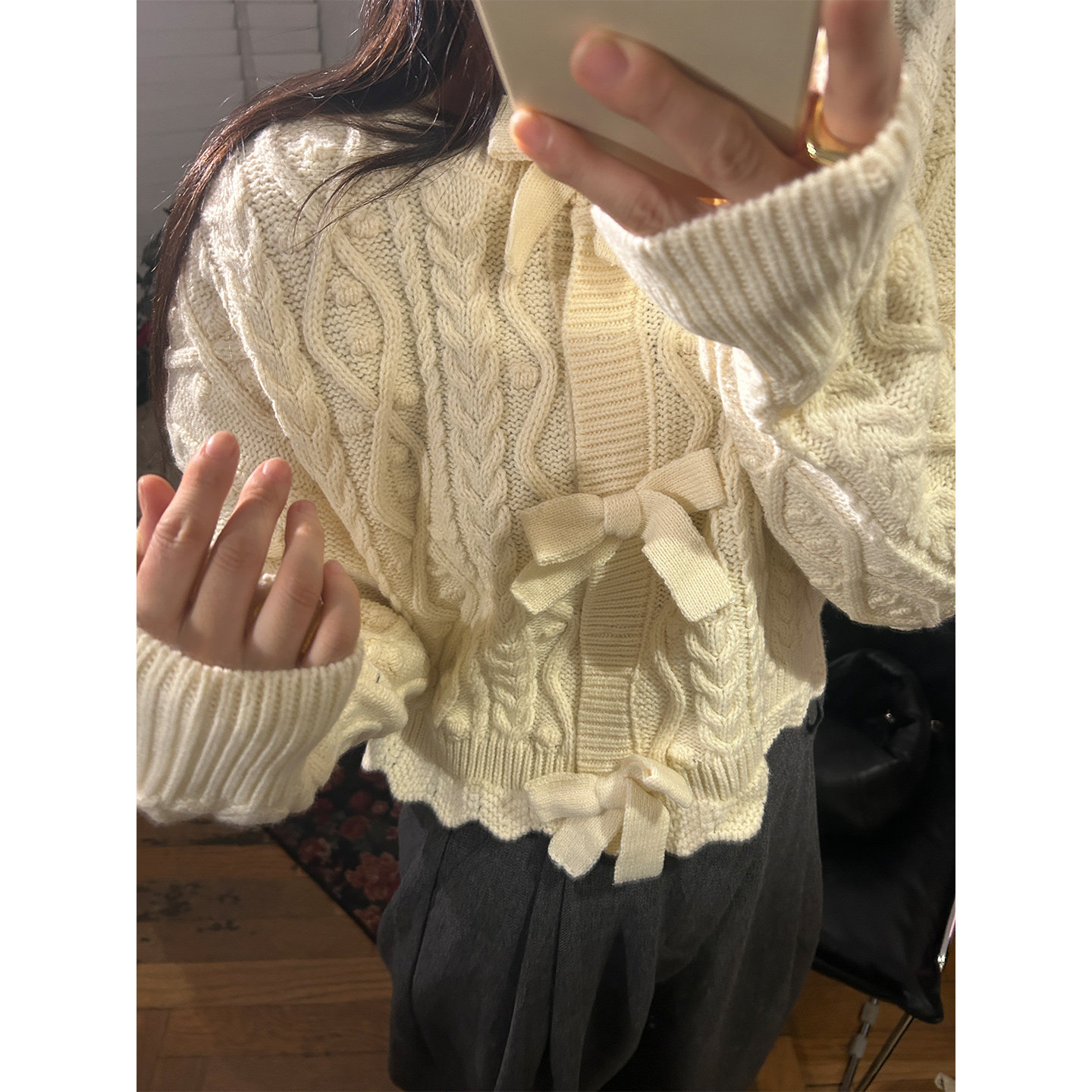 鬼鬼家正品韩代东大门秋冬 甜美温柔奶白色麻花纹蝴蝶结针织开衫