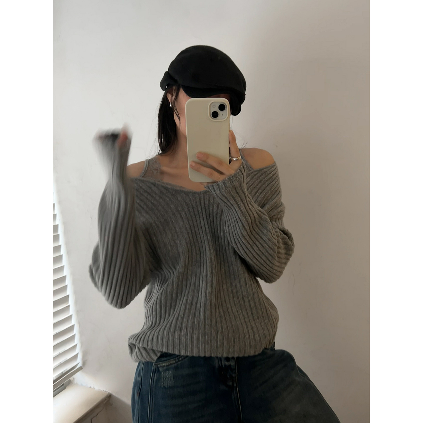 鬼鬼家正品韩代东大门冬 纯欲风假两件蕾丝拼接V领针织衫套头毛衣