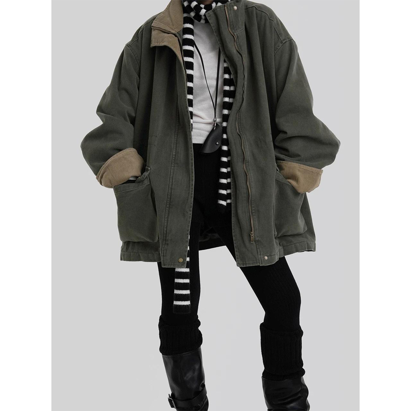 鬼鬼家正品韩代东大门冬 巴恩风中长款宽松立领做旧工装拉链外套