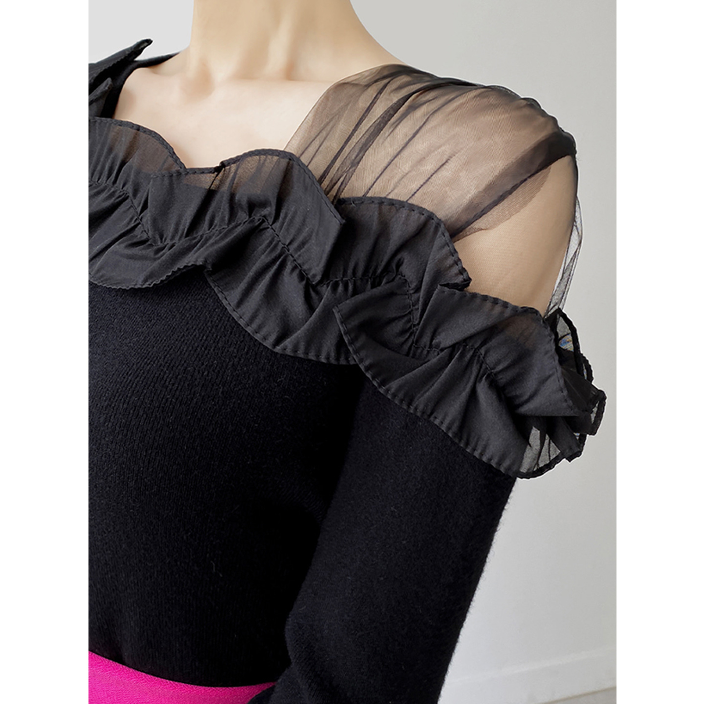 鬼鬼家正品韩代东大门秋冬 温柔网纱拼接一字肩显瘦针织衫上衣女