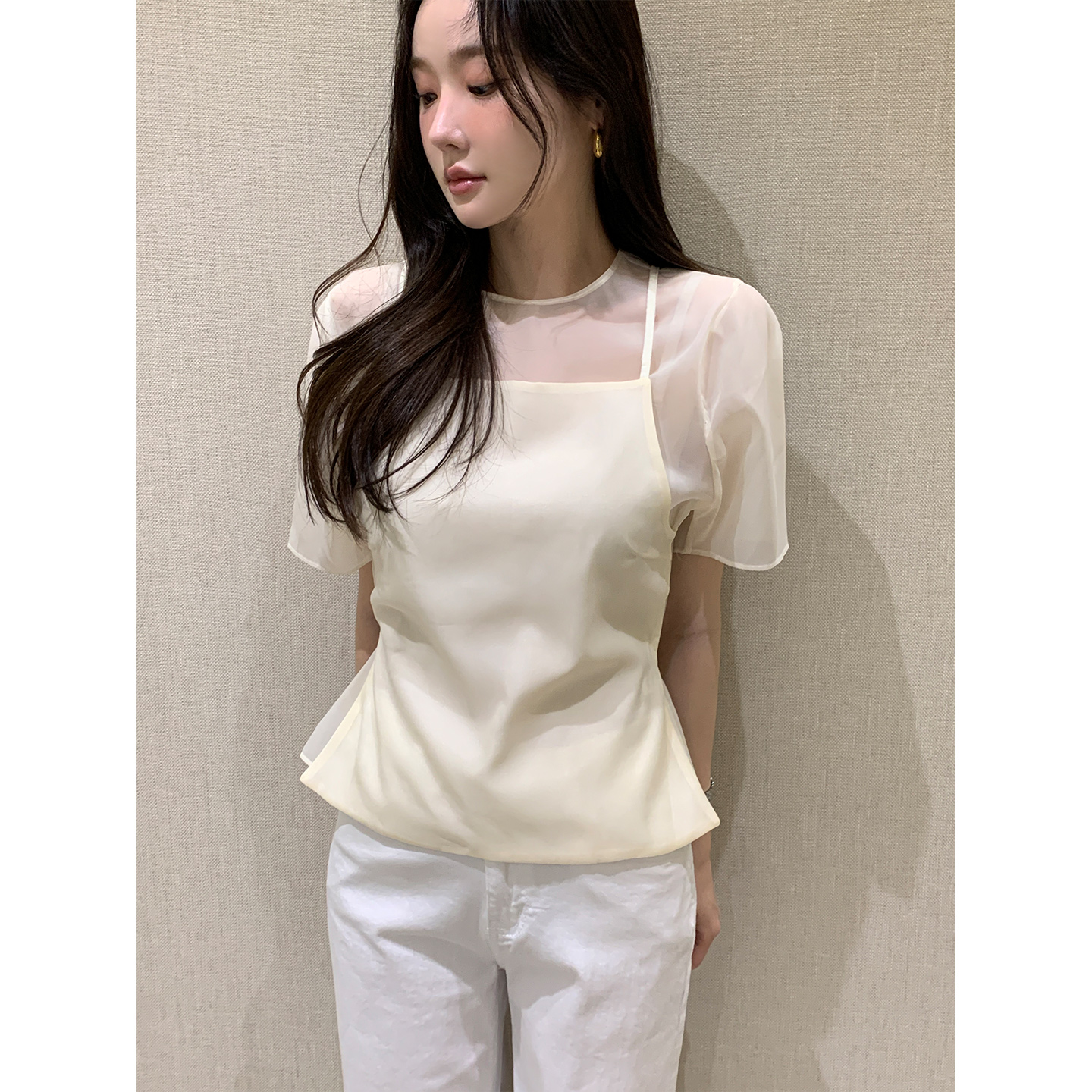 鬼鬼家正品韩代东大门 25温柔气质透视叠穿短袖衬衫系带背心套装