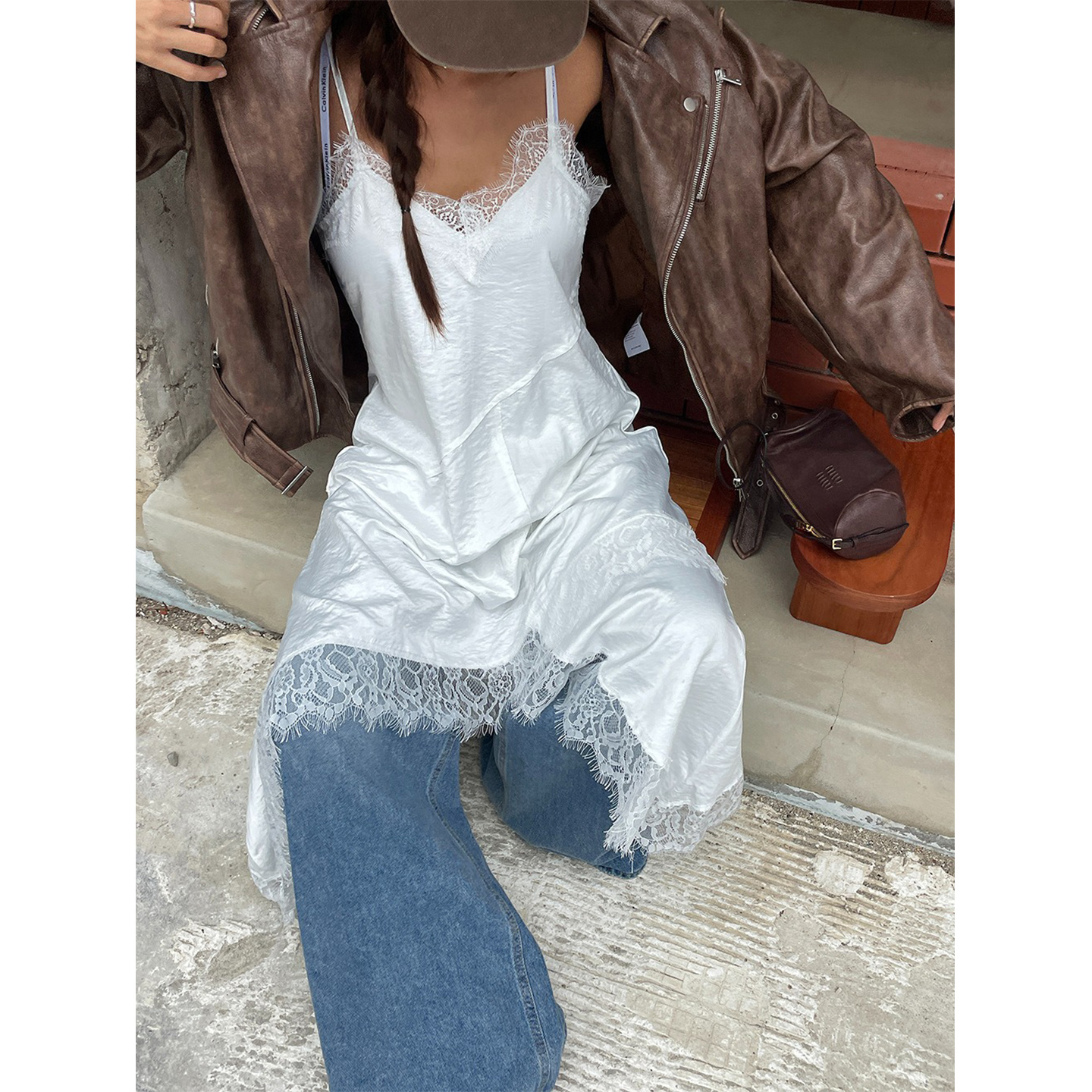 鬼鬼家正品韩代东大门秋 蕾丝花边拼接不规则裙摆吊带背心连衣裙