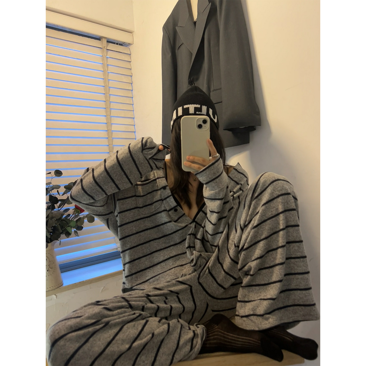 鬼鬼家正品韩代东大门秋冬  炒舒服！条纹德绒睡衣舒适套装可外穿