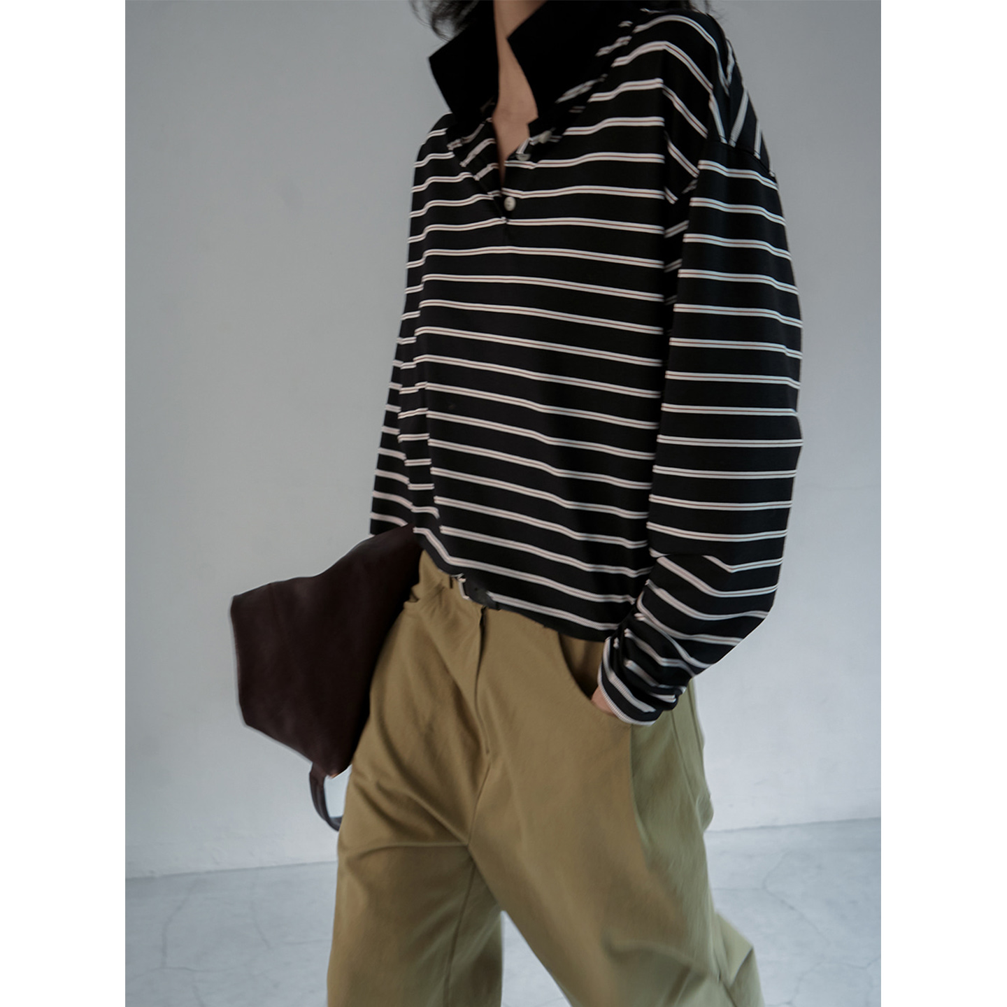 鬼鬼家正品韩代东大门秋冬 宽松舒适撞色条纹polo领长袖T恤上衣女