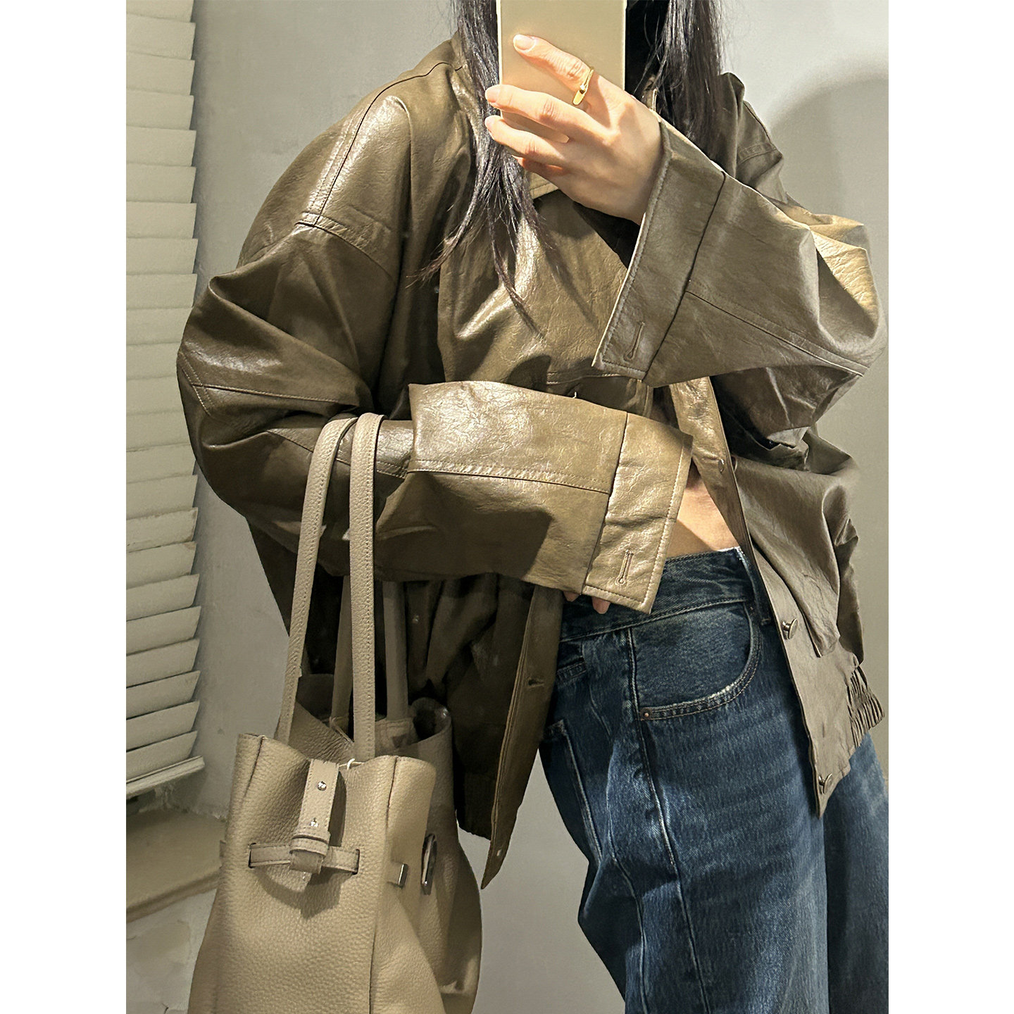 鬼鬼家正品韩代东大门秋 美拉德复古翻领单排扣皮衣外套机车夹克图片
