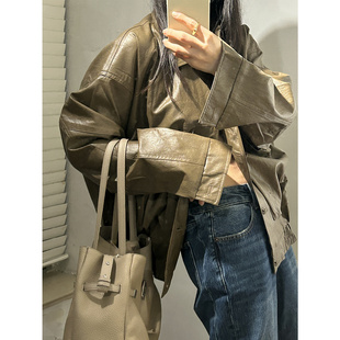 鬼鬼家韩代东大门秋 美拉德复古翻领单排扣皮衣外套机车夹克