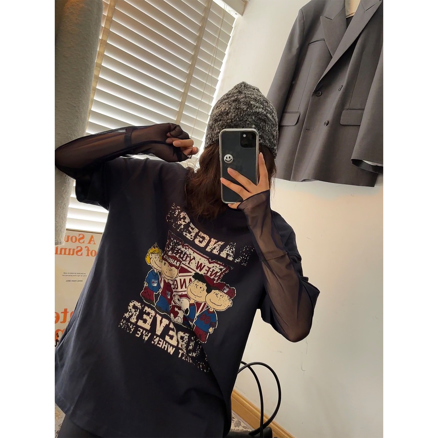 鬼鬼家正品韩代东大门秋冬 宽松做旧卡通字母印花圆领磨毛短袖T恤