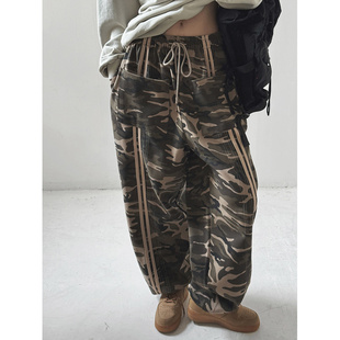 时髦迷彩条纹宽松阔腿休闲长裤 girl个性 韩代东大门秋 鬼鬼家正品