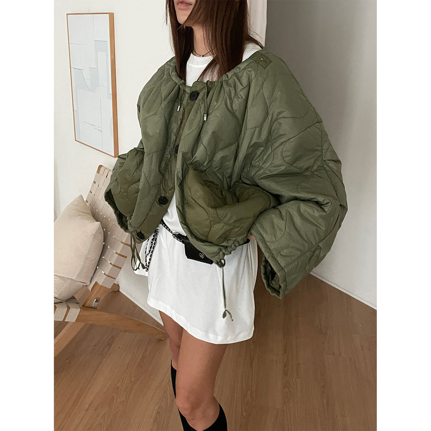 鬼鬼家正品韩代东大门冬 纯色休闲下摆抽绳宽松长袖单排扣短外套