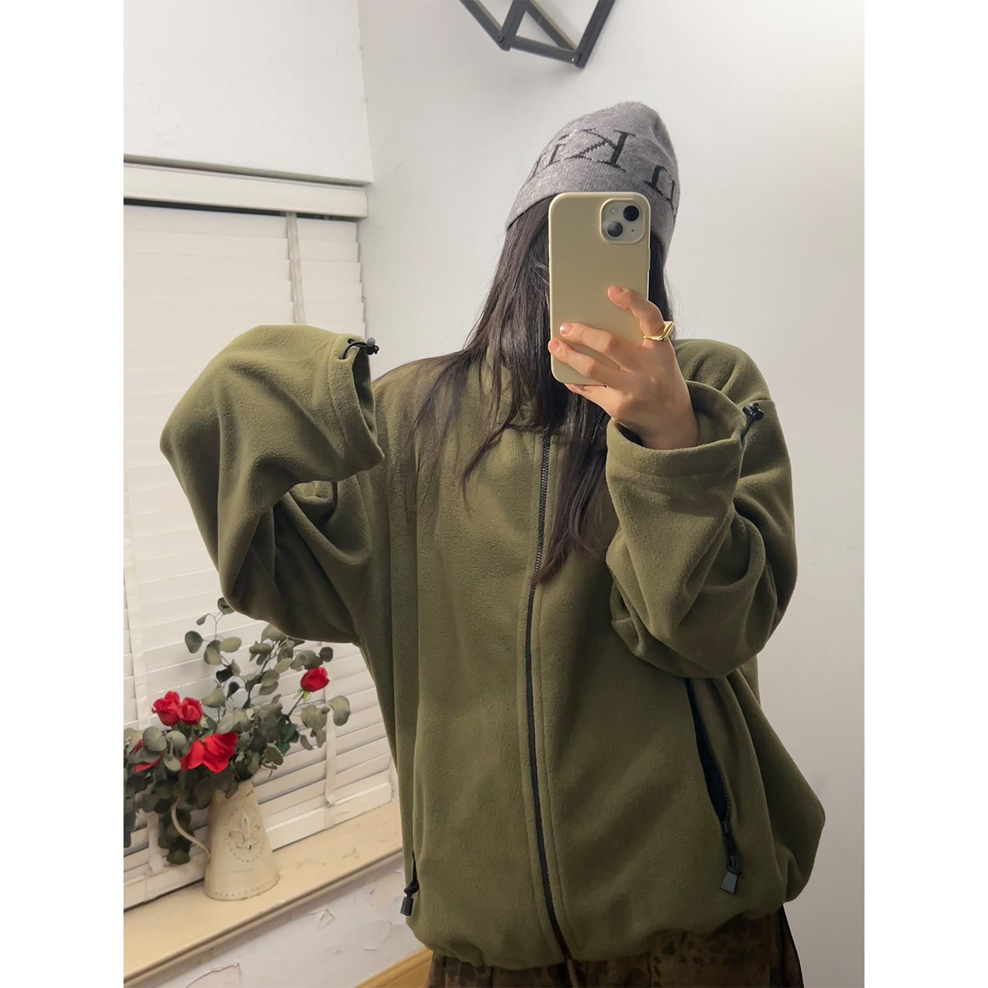 鬼鬼家正品韩代东大门 snow自留巨暖拉绒抽绳设计咸菜色卫衣外套
