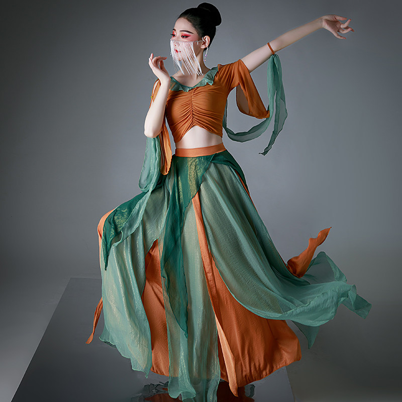 敦煌飞天舞蹈服女仙气飘逸亮片西域古典舞练功服民族舞纱衣演出服